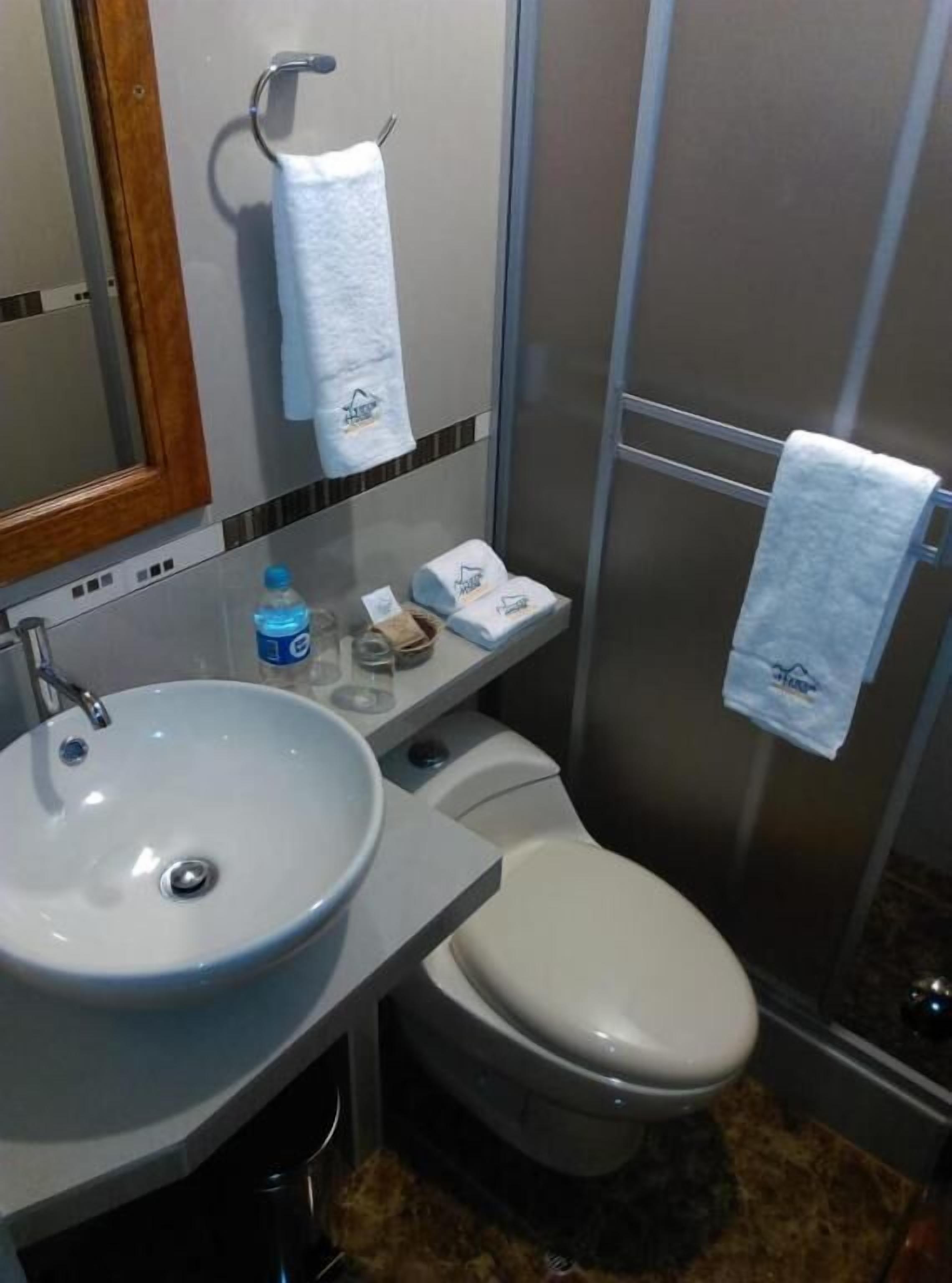 Shower, towels, soap, shampoo