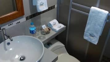Shower, towels, soap, shampoo
