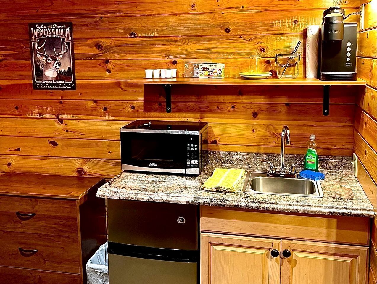 Fridge, microwave, coffee/tea maker, dining tables