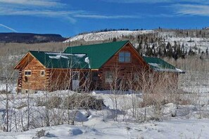 A log cabin with a green roof, surrounded by snow-covered ground and sparse vegetation. - Cabin Rental for Large Groups Ideal for Colorado Glamping (Walden)