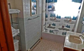 A bathroom with a tiled floor, a sink, a mirror, and a shower area. - Cabin Rental for Large Groups Ideal for Colorado Glamping (Walden)