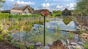 A rustic cabin with a pond, surrounded by a wooden fence and lush greenery. - Spacious Holiday Park Villa for 10 (Baarle-Nassau)