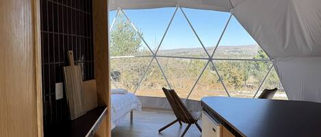 A tent with a bed, a chair, and a table.