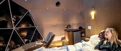 Una habitación con cama, pantalla de televisión, aire acondicionado de pared y un estante con diversos objetos.
