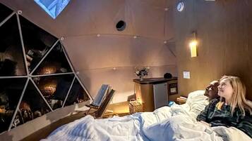 Una habitación con cama, pantalla de televisión, aire acondicionado de pared y un estante con diversos objetos.