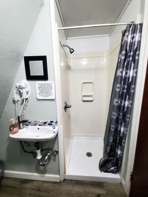Une petite salle de bain avec une douche, un lavabo et un miroir.