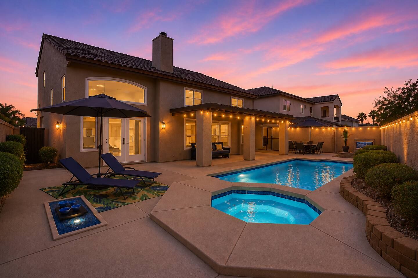 A two-story house with a swimming pool, outdoor seating, and string lights.