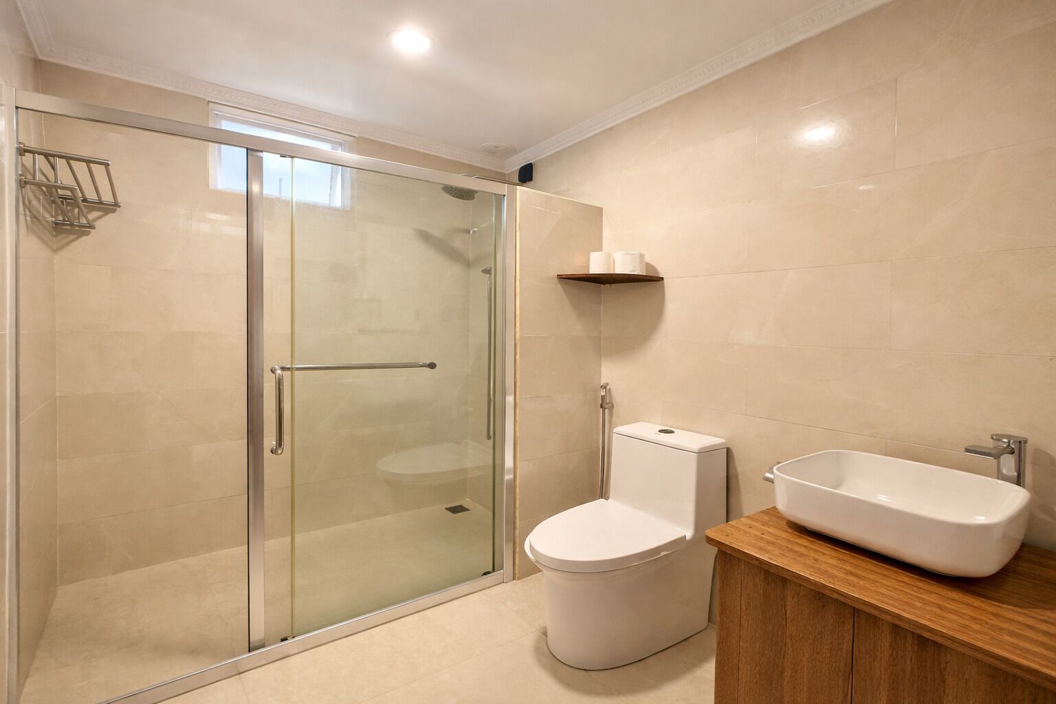 Shower, hair dryer, bidet, towels