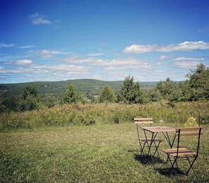 Ein Sitzbereich im Freien mit Tisch und Stühlen, umgeben von einer Wiese und Bäumen, mit Blick auf ferne Hügel.