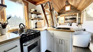 Coffee/tea maker, fridge, microwave, oven