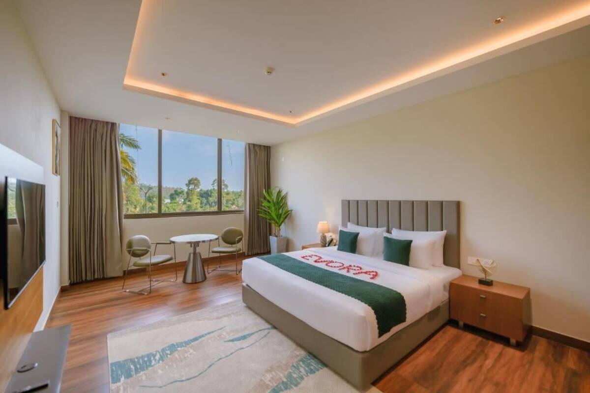 A modern hotel room with a large bed, a TV, a small table, and a view of the outdoors.