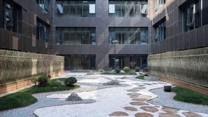 Un edificio moderno con un patio que presenta un sendero de piedras, pequeños arbustos y una fuente de agua.