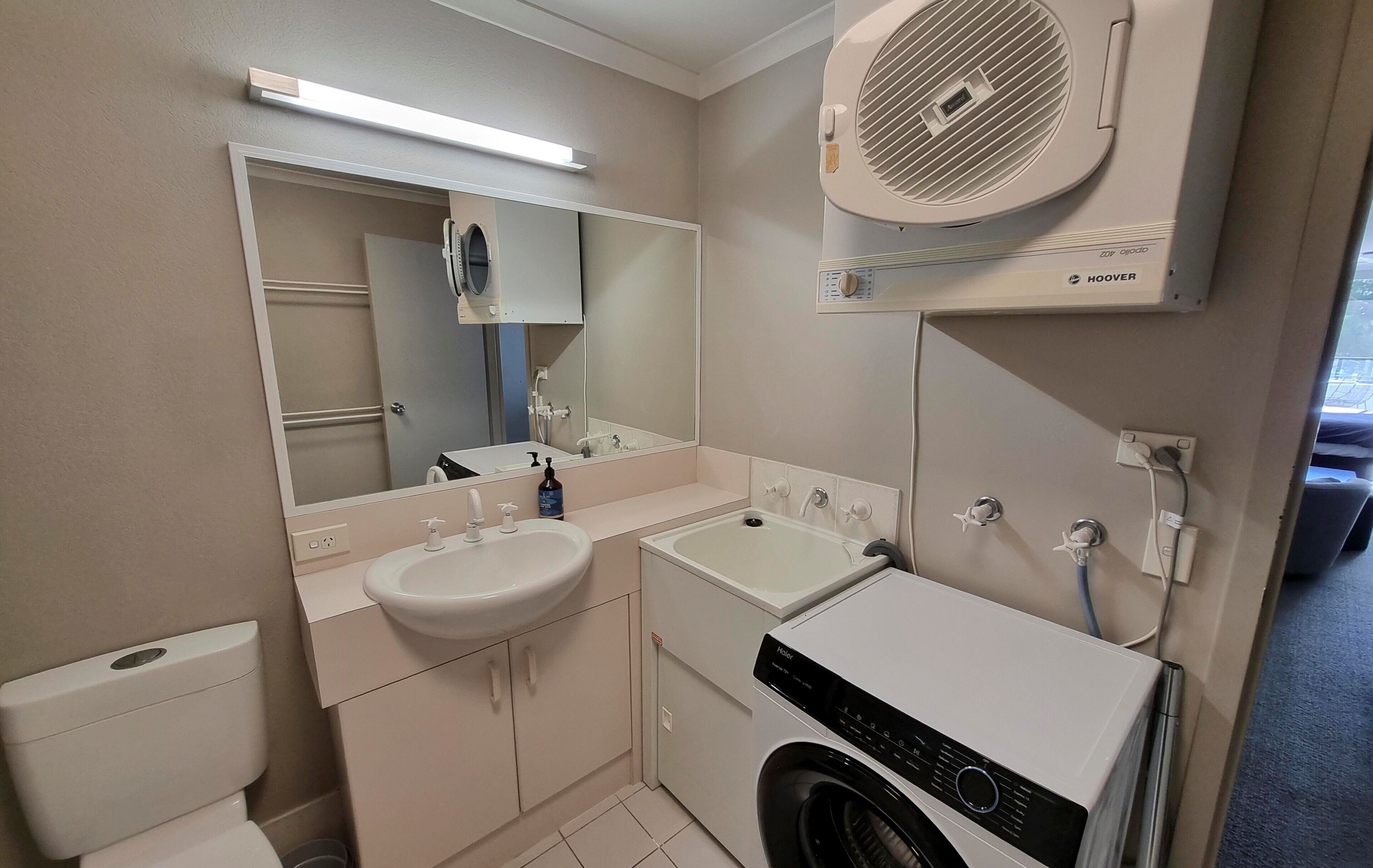 Hair dryer, towels, soap, toilet paper