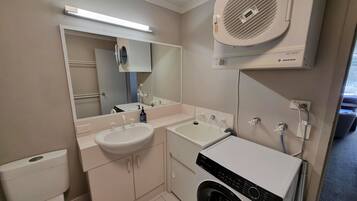Hair dryer, towels, soap, toilet paper