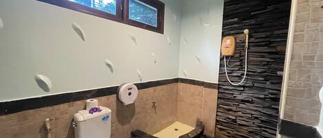 A bathroom with a toilet, a shower, and a stone wall.