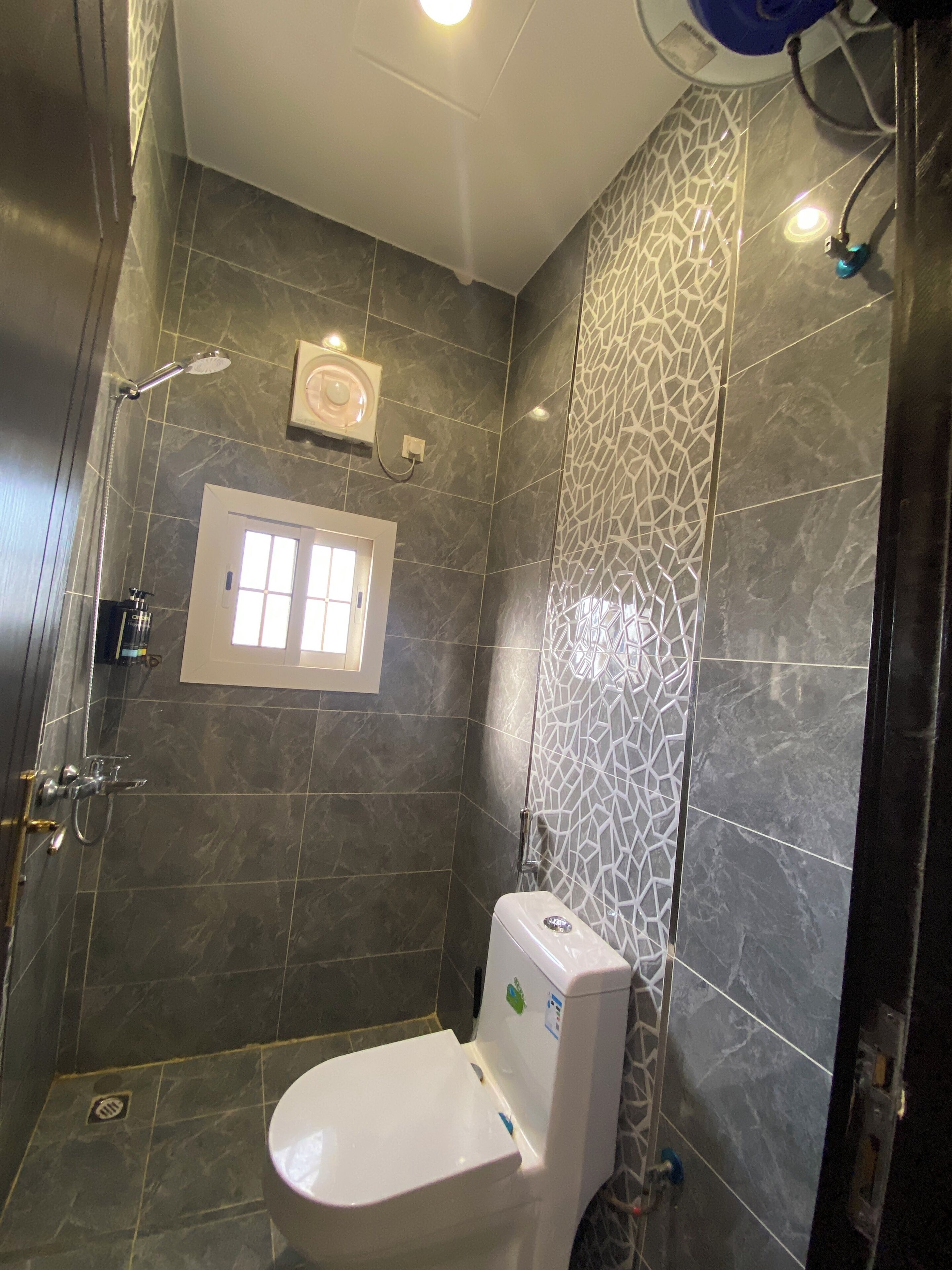A bathroom with a toilet, shower, and a wall-mounted toilet paper holder.