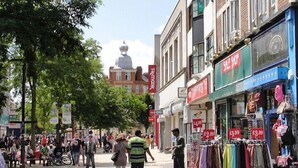 Una calle concurrida con peatones, tiendas y una cúpula destacada al fondo.