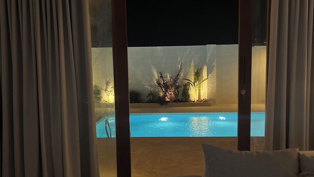 A modern living room with a sofa, a pool, and a view through a glass door.