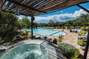 Una piscina al aire libre, sombrillas, sillones reclinables de piscina