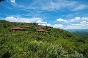 Uma encosta com vários edifícios de telhados vermelhos, rodeada por vegetação densa.