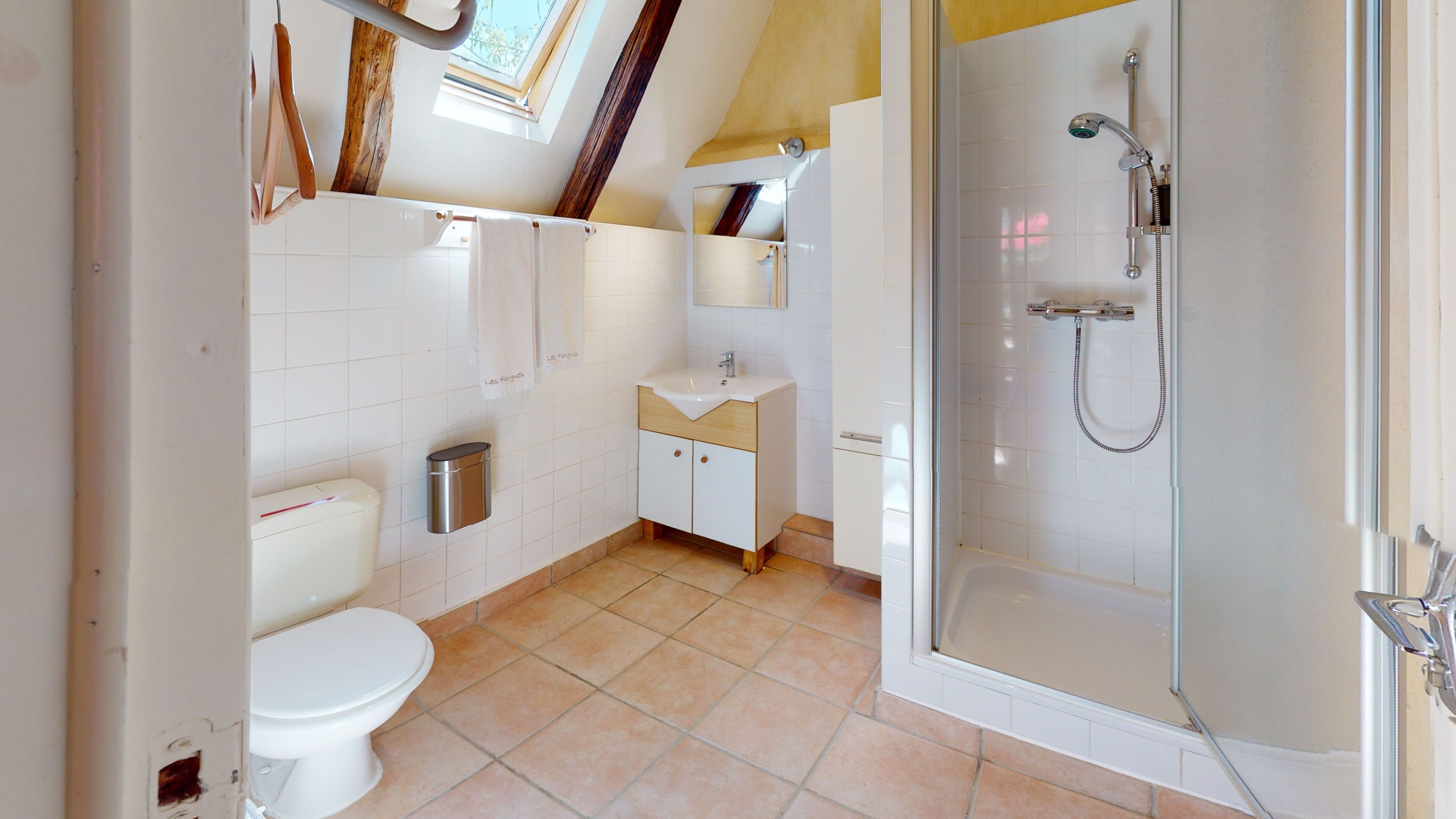Douche, sèche-cheveux, serviettes fournies, savon