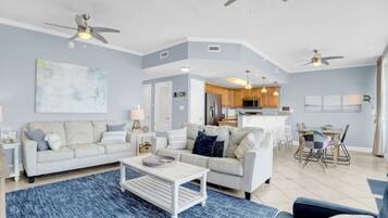 Exclusive Condo, 2 Bedrooms, Balcony, Beach View | Living room | 45-inch Smart TV with digital channels
