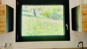Una finestra con vista su una zona erbosa e alberi, un lavandino con un rubinetto e mobili in legno.