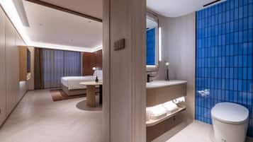 Hair dryer, slippers, towels, shampoo