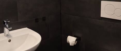 A modern bathroom with a white sink, dark tiles, a toilet, a small trash bin, a potted plant, and a wall-mounted light switch.