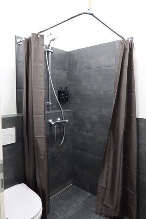 Chambre Triple | Salle de bain | Douche, sèche-cheveux, serviettes fournies, savon