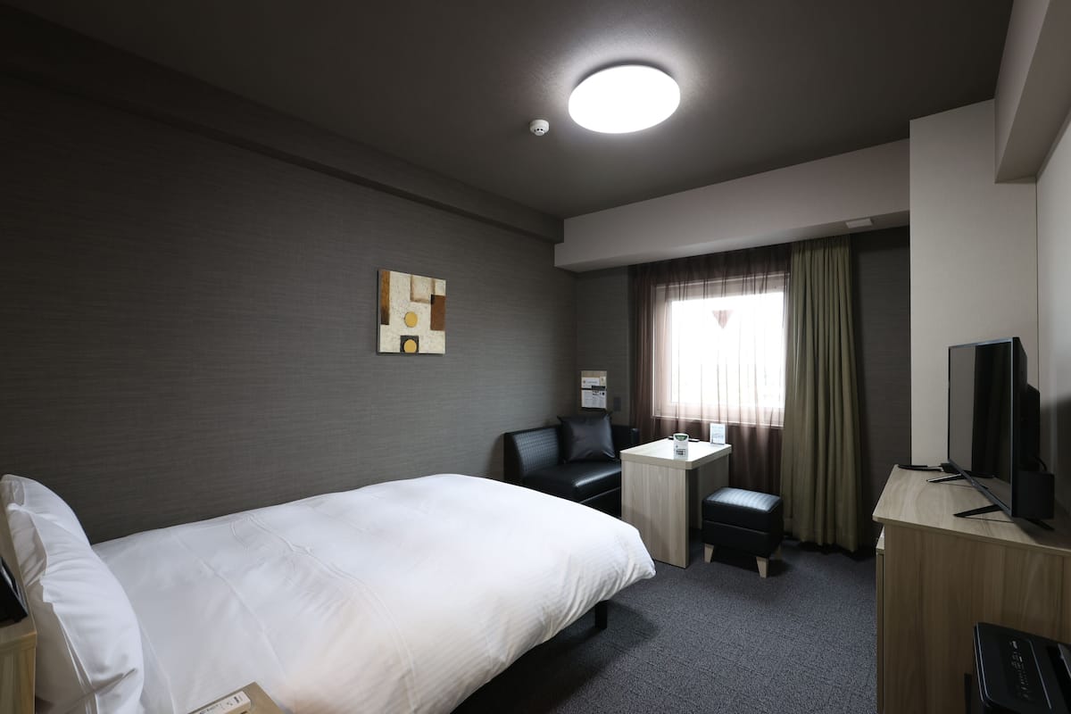 A hotel room with a bed, a desk, a chair, a television, and a window with curtains.