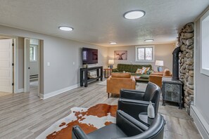 TV, fireplace, books