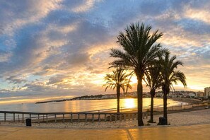 Ein Strand mit Palmen, einer Geländer und einem Sonnenuntergang.