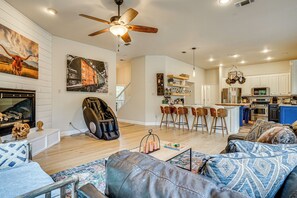TV, fireplace, table football, books
