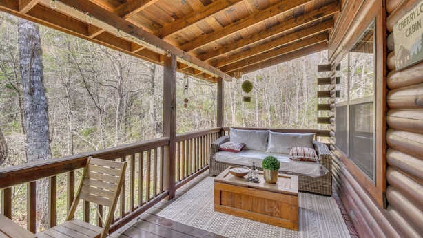 Una cabaña de troncos con terraza de madera, un sofá con cojines, una mesa de centro y vistas al bosque.