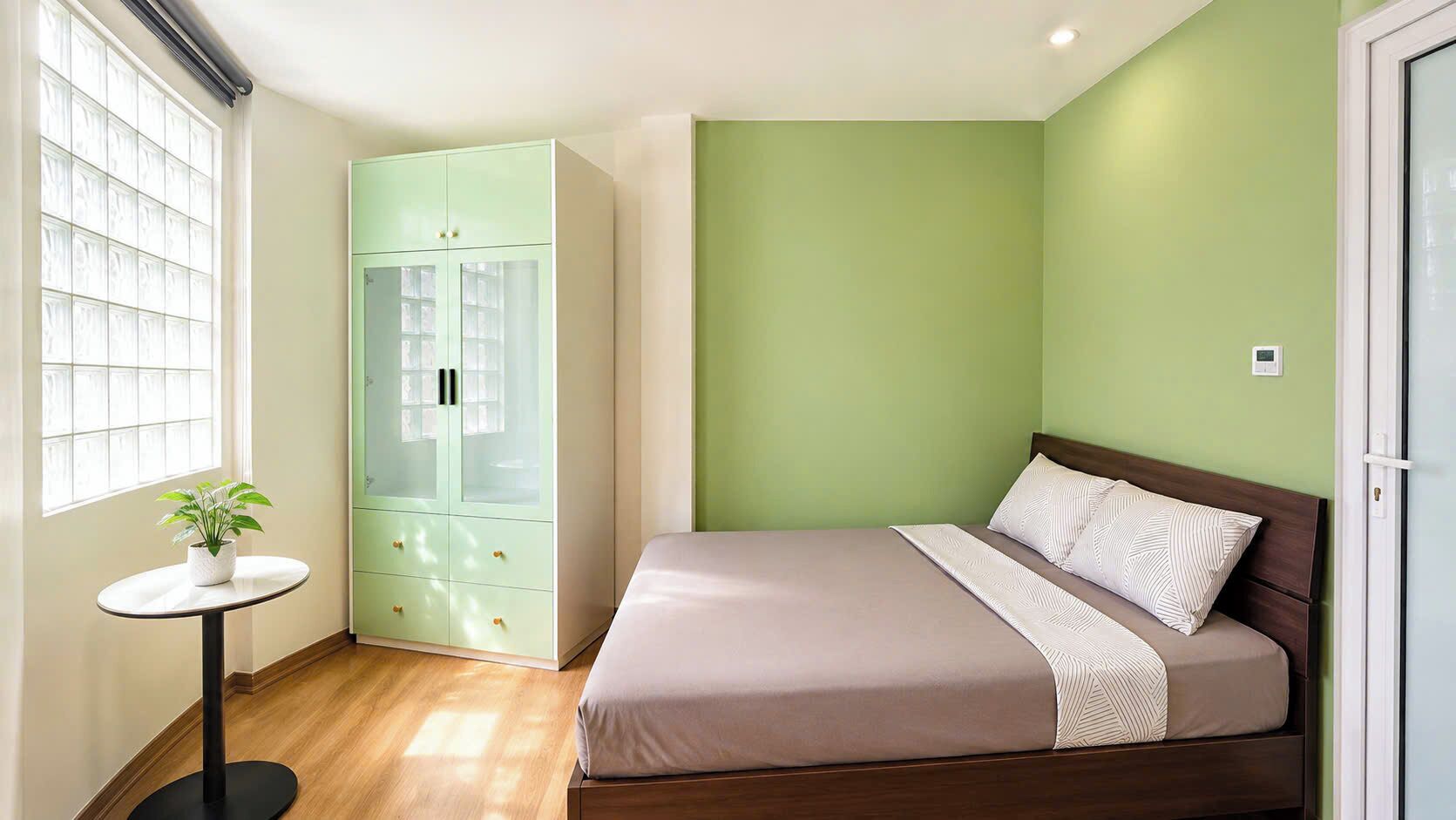 A bedroom with a bed, a green wall, a window, and a green wardrobe.