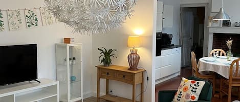 Televisión, chimenea y libros