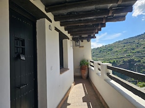 Un balcon donnant sur un paysage vallonné, une porte noire et un pot de fleurs.