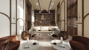 A modern living room with a sofa, two armchairs, a coffee table, and a bookshelf. - Castilla Termal Palacio de Avellaneda (Penaranda de Duero)