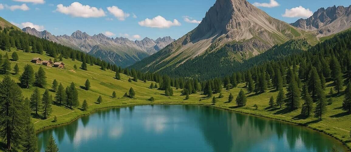 Eine Berglandschaft mit See, Häusern und bewaldeten Gebieten.