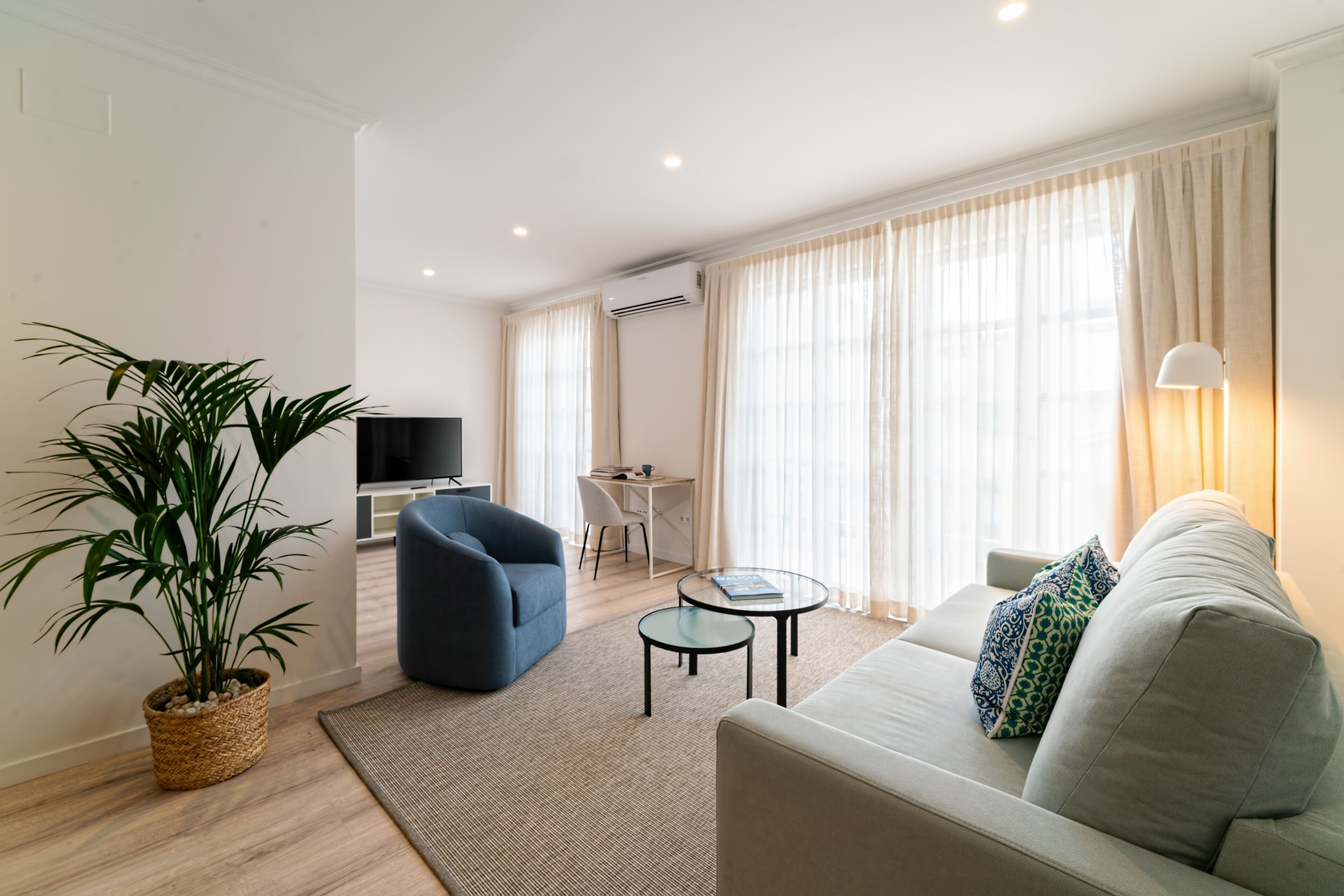 Una sala de estar moderna con sofá, sillón, televisor y una planta en maceta.