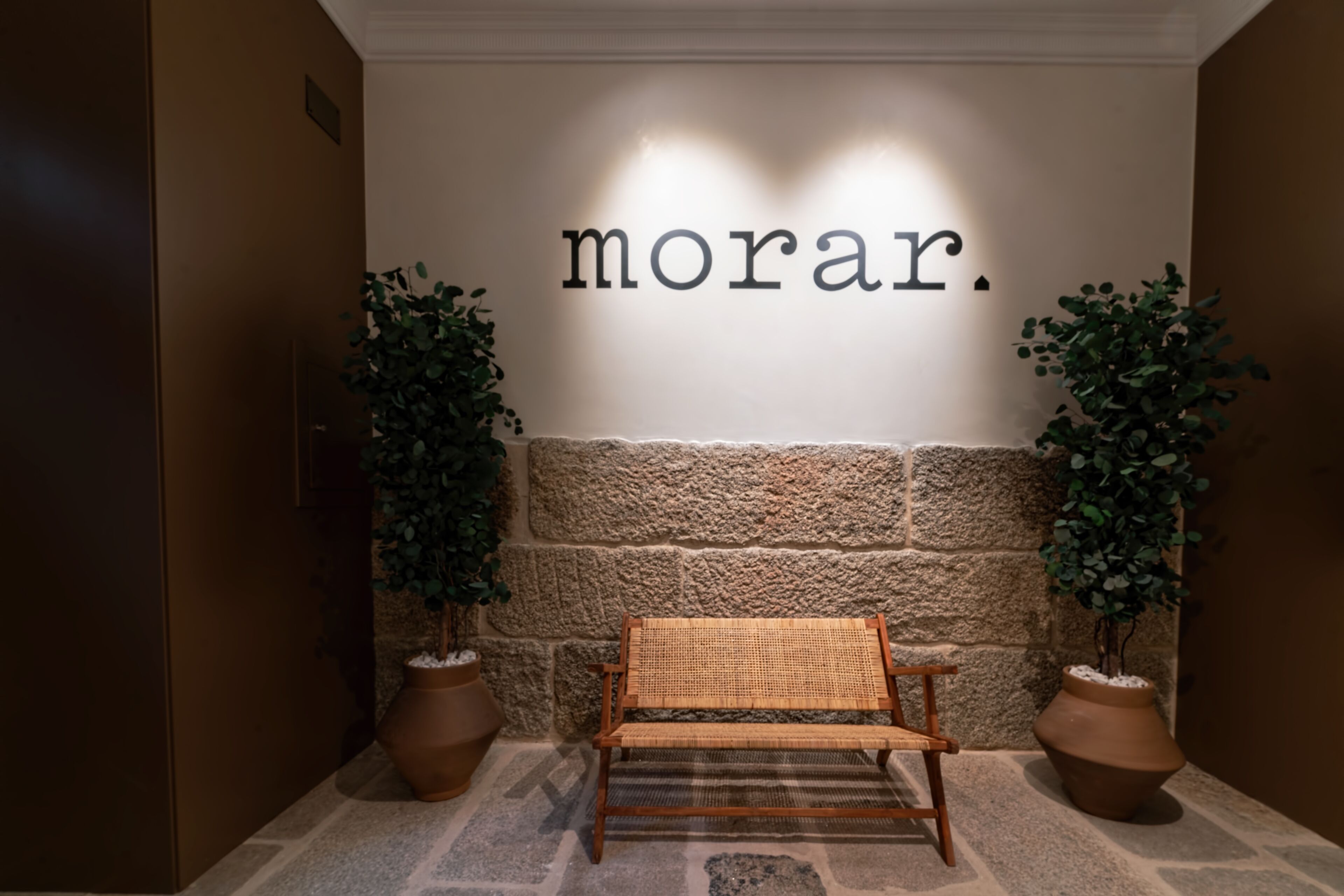 A lobby with a stone wall, a bench, and two potted plants.