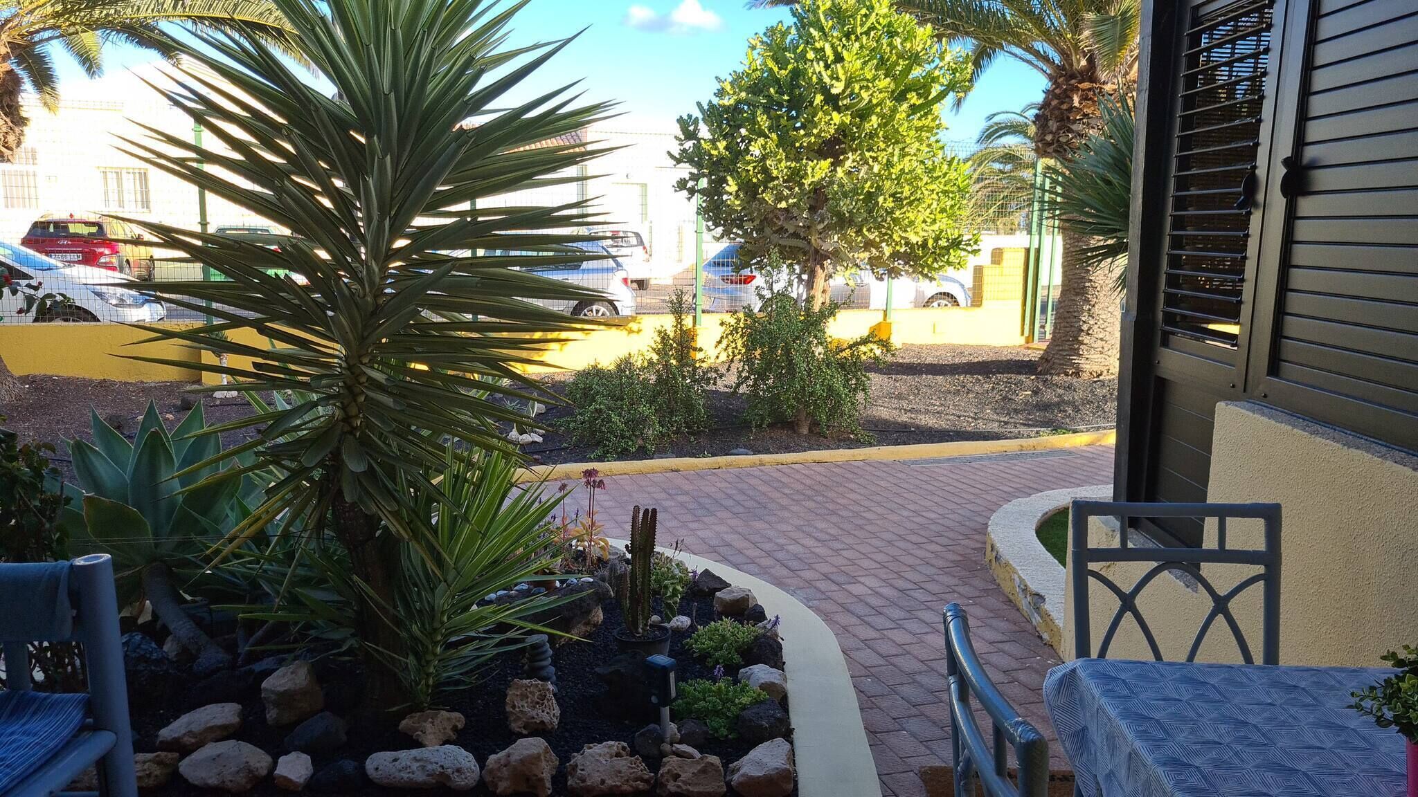 A patio with a chair, a table, and a small garden with rocks and plants.