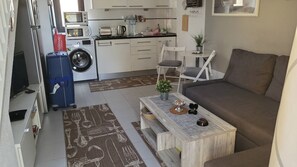 Een ruimtelijke woonkamer met een bank, een salontafel, een wasmachine, een magnetron, en een klein keukentje.
