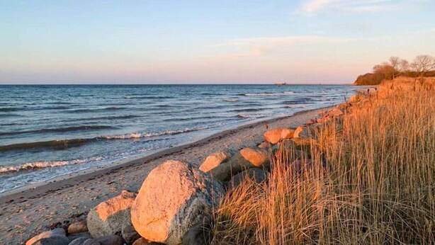 Une plage bordée d’une rangée de gros rochers et d’herbes hautes.