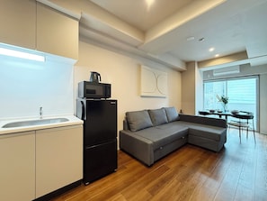 Apartamento junior | Cocina privada | Frigorífico, microondas, placa de cocina y hervidor eléctrico