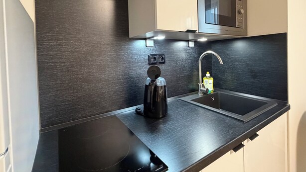 A modern kitchen with a black countertop, stainless steel sink, and a microwave above the counter. - Factory Suites (Prague)