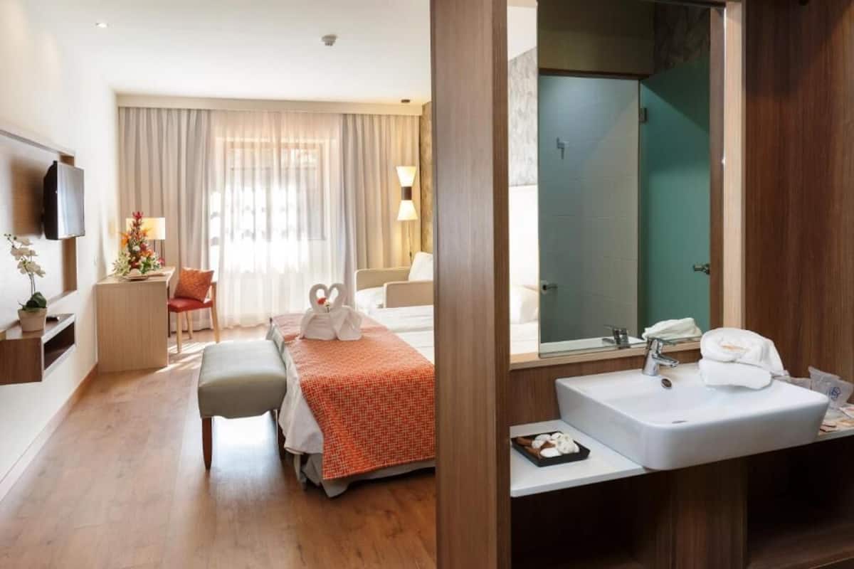 Una habitación de hotel con cama, mesita de noche, espejo, lavabo y ducha.