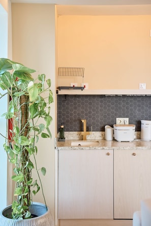 A kitchen with a potted plant, a hexagonal backsplash, and a countertop with appliances. - Seaview Mercury Tower Apartment With Rooftop Pool (Saint Julian's)