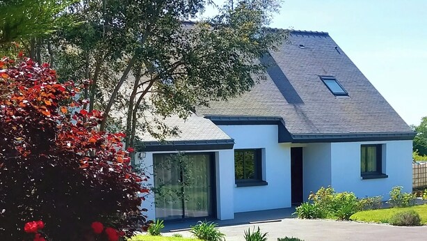 A modern house with a paved driveway, a well-maintained lawn, and a variety of plants.